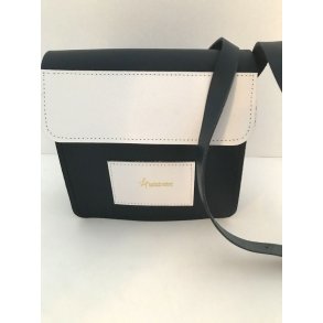 Ldertaske i marine blt bldt kernelder og hvidt. Eget design og fremstilling!