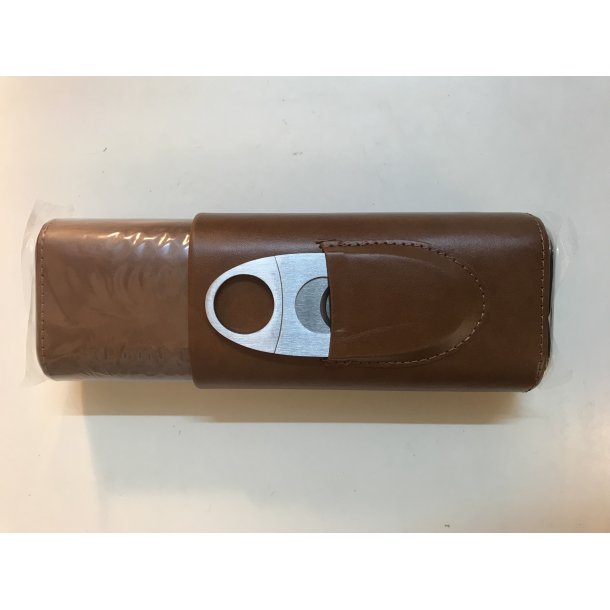 Cigar etui i lder og metal med cigar klipper i forlomme