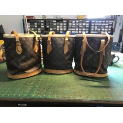 Renoveret gte louis Vuitton Mini Bucket taske i logo Monogram Canvas og lder