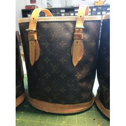 Renoveret gte louis Vuitton Mini Bucket taske i logo Monogram Canvas og lder