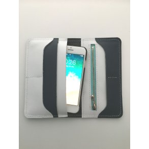 Pung i lder med plads til mobil telefon; mnter,sedler og kreditkort