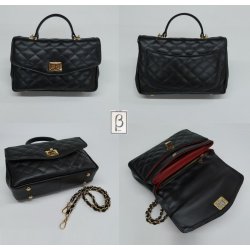 Quiltet taske i sort kalveskind med hndtag