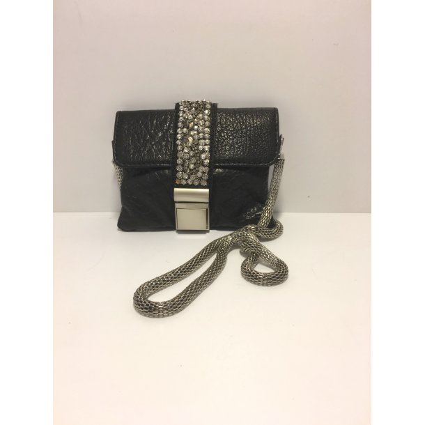 Lille hals pung/ taske med unik kæde i sort skind - Vintage i skind - Læderprojektet